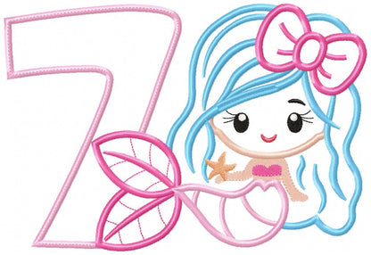 Mermaid Number 7 Seven 7th Seventh Birthday Number 7 - Applique