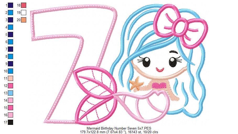 Mermaid Number 7 Seven 7th Seventh Birthday Number 7 - Applique