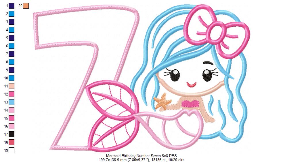 Mermaid Number 7 Seven 7th Seventh Birthday Number 7 - Applique