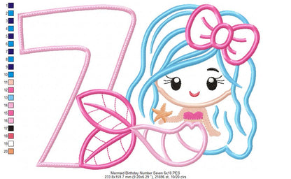 Mermaid Number 7 Seven 7th Seventh Birthday Number 7 - Applique
