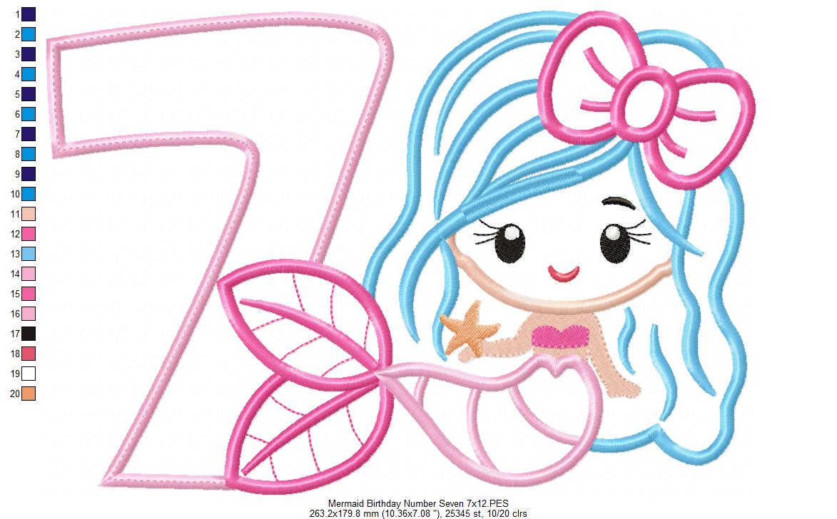 Mermaid Number 7 Seven 7th Seventh Birthday Number 7 - Applique