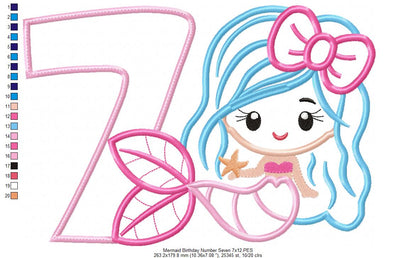 Mermaid Number 7 Seven 7th Seventh Birthday Number 7 - Applique