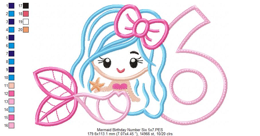 Mermaid Number 6 Six 6th Sixth Birthday Number 6 - Applique
