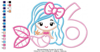 Mermaid Number 6 Six 6th Sixth Birthday Number 6 - Applique