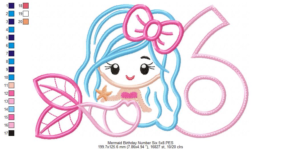 Mermaid Number 6 Six 6th Sixth Birthday Number 6 - Applique
