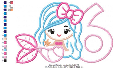 Mermaid Number 6 Six 6th Sixth Birthday Number 6 - Applique