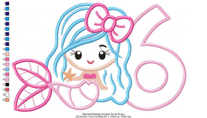 Mermaid Number 6 Six 6th Sixth Birthday Number 6 - Applique