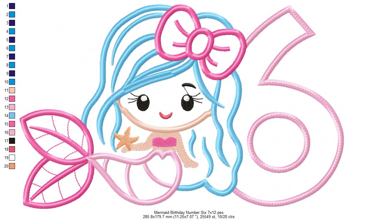 Mermaid Number 6 Six 6th Sixth Birthday Number 6 - Applique