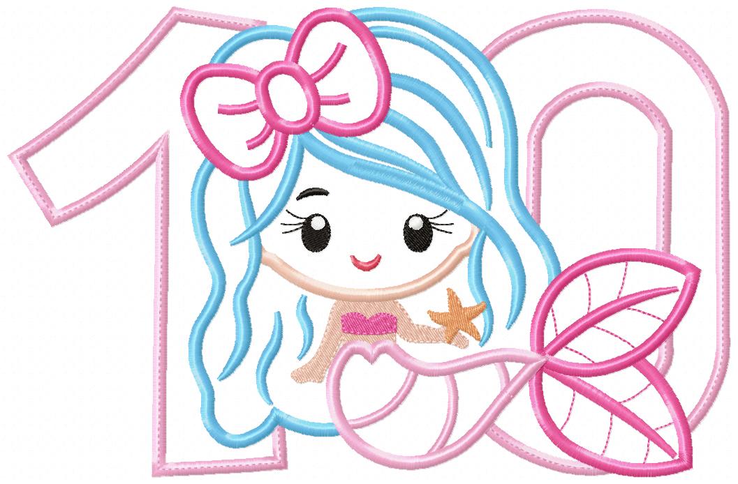 Mermaid Number 10 Ten 10th Tenth Birthday Number 10 - Applique