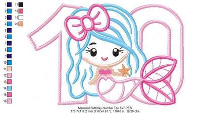 Mermaid Number 10 Ten 10th Tenth Birthday Number 10 - Applique