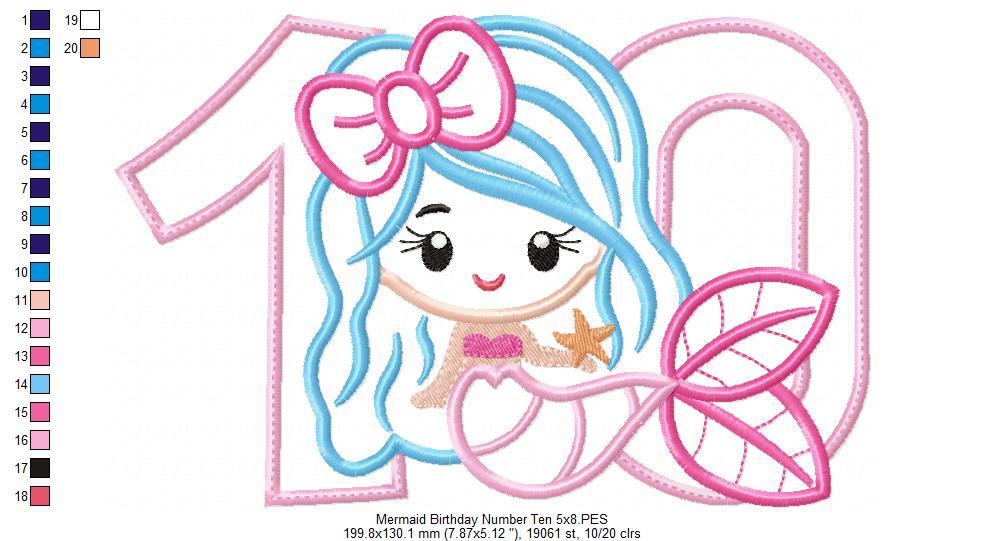 Mermaid Number 10 Ten 10th Tenth Birthday Number 10 - Applique