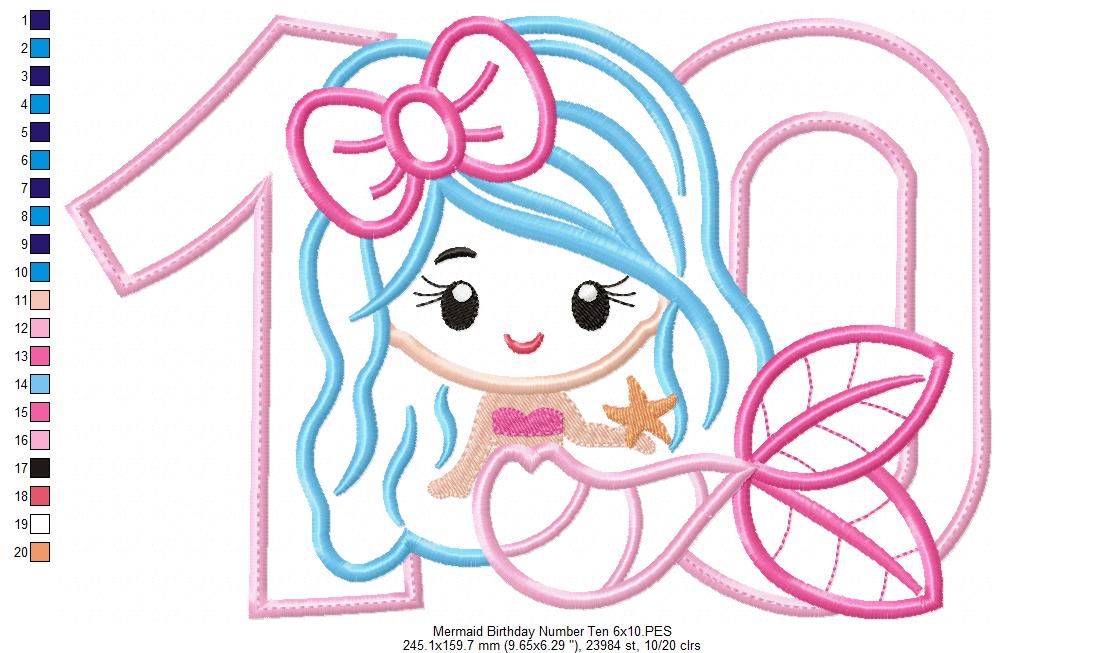 Mermaid Number 10 Ten 10th Tenth Birthday Number 10 - Applique