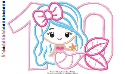 Mermaid Number 10 Ten 10th Tenth Birthday Number 10 - Applique