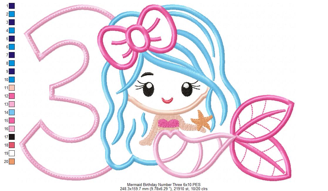 Mermaid Number 3 Three 3rd Third Birthday Number 3 - Applique
