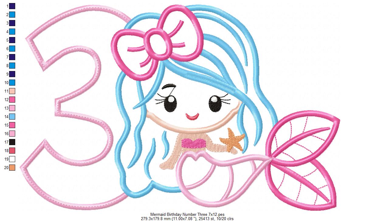 Mermaid Number 3 Three 3rd Third Birthday Number 3 - Applique