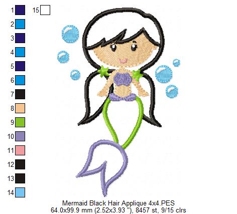 Mermaid Black Hair - Fill Stitch & Applique - Set of 2 designs