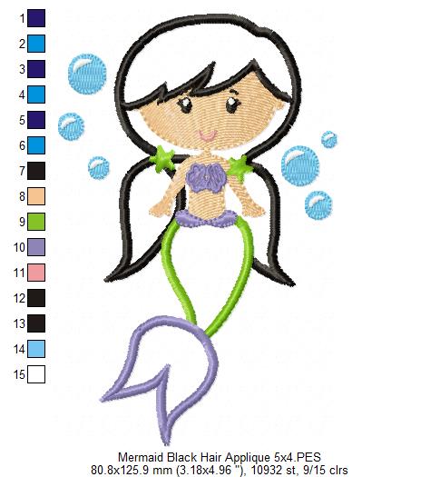 Mermaid Black Hair - Fill Stitch & Applique - Set of 2 designs