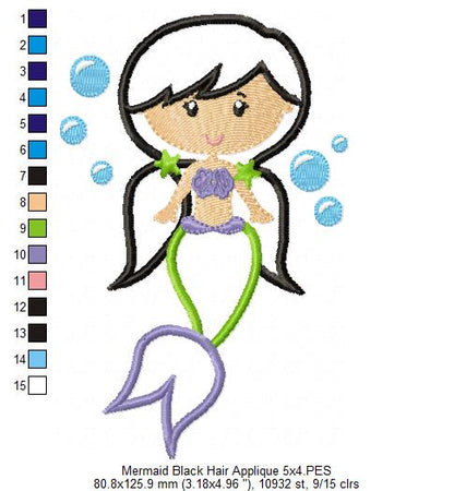 Mermaid Black Hair - Fill Stitch & Applique - Set of 2 designs