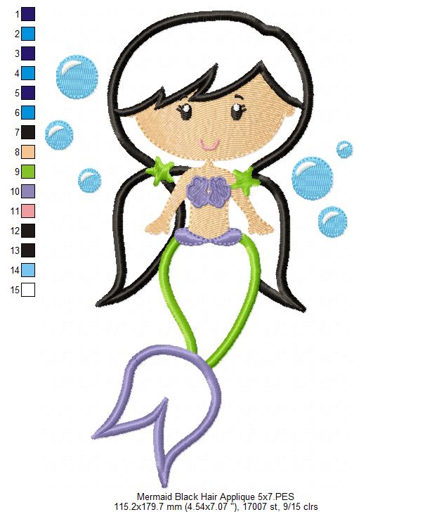 Mermaid Black Hair - Fill Stitch & Applique - Set of 2 designs