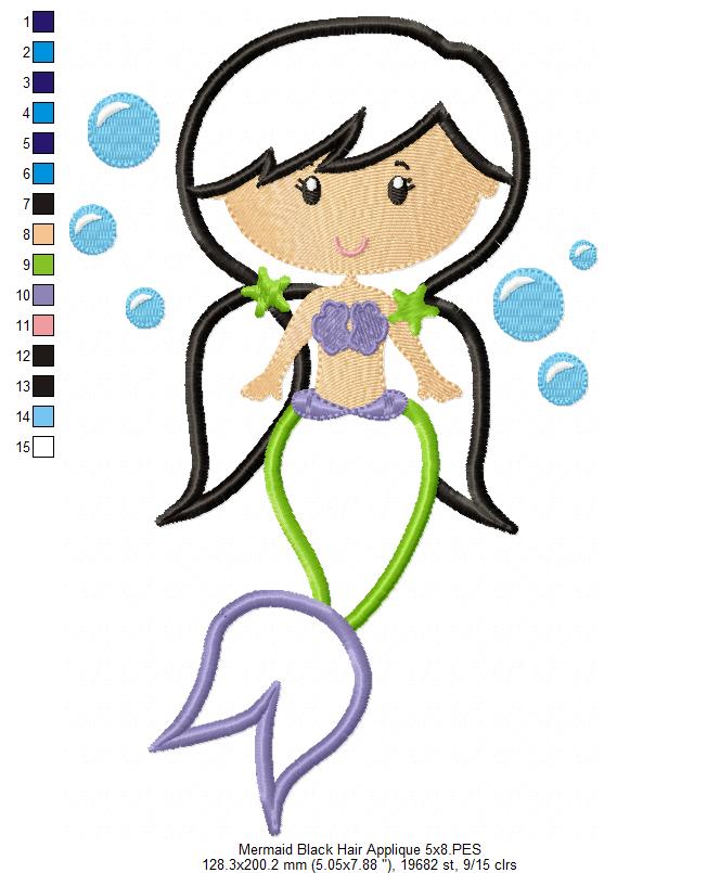 Mermaid Black Hair - Fill Stitch & Applique - Set of 2 designs
