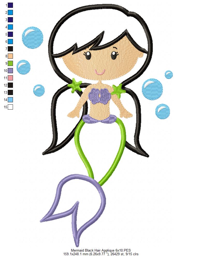 Mermaid Black Hair - Fill Stitch & Applique - Set of 2 designs