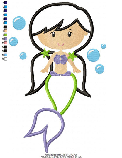 Mermaid Black Hair - Fill Stitch & Applique - Set of 2 designs
