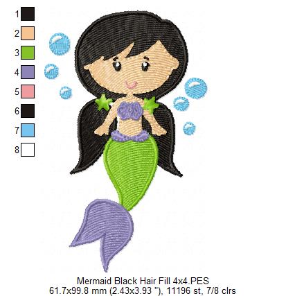 Mermaid Black Hair - Fill Stitch & Applique - Set of 2 designs