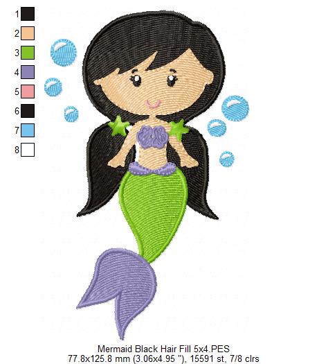 Mermaid Black Hair - Fill Stitch & Applique - Set of 2 designs