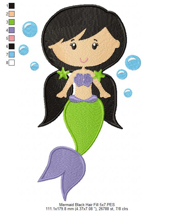 Mermaid Black Hair - Fill Stitch & Applique - Set of 2 designs