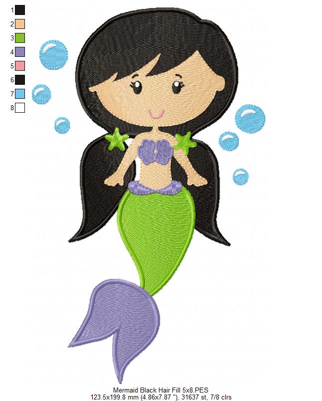 Mermaid Black Hair - Fill Stitch & Applique - Set of 2 designs