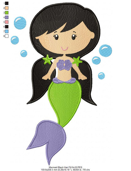 Mermaid Black Hair - Fill Stitch & Applique - Set of 2 designs