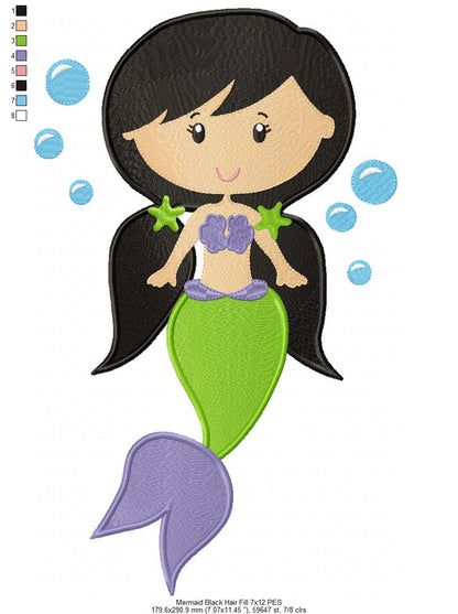 Mermaid Black Hair - Fill Stitch & Applique - Set of 2 designs