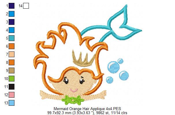 Princess Mermaid Orange Hair - Applique & Fill Stitch - Set of 2 designs