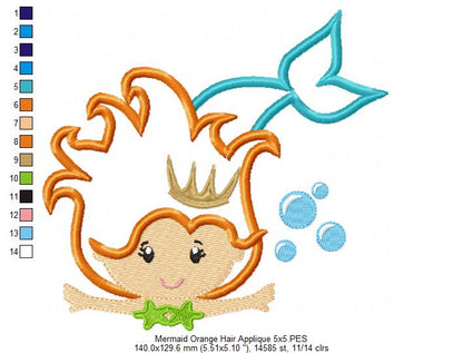 Princess Mermaid Orange Hair - Applique & Fill Stitch - Set of 2 designs