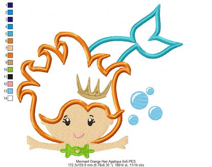 Princess Mermaid Orange Hair - Applique & Fill Stitch - Set of 2 designs
