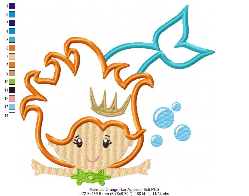 Princess Mermaid Orange Hair - Applique & Fill Stitch - Set of 2 designs