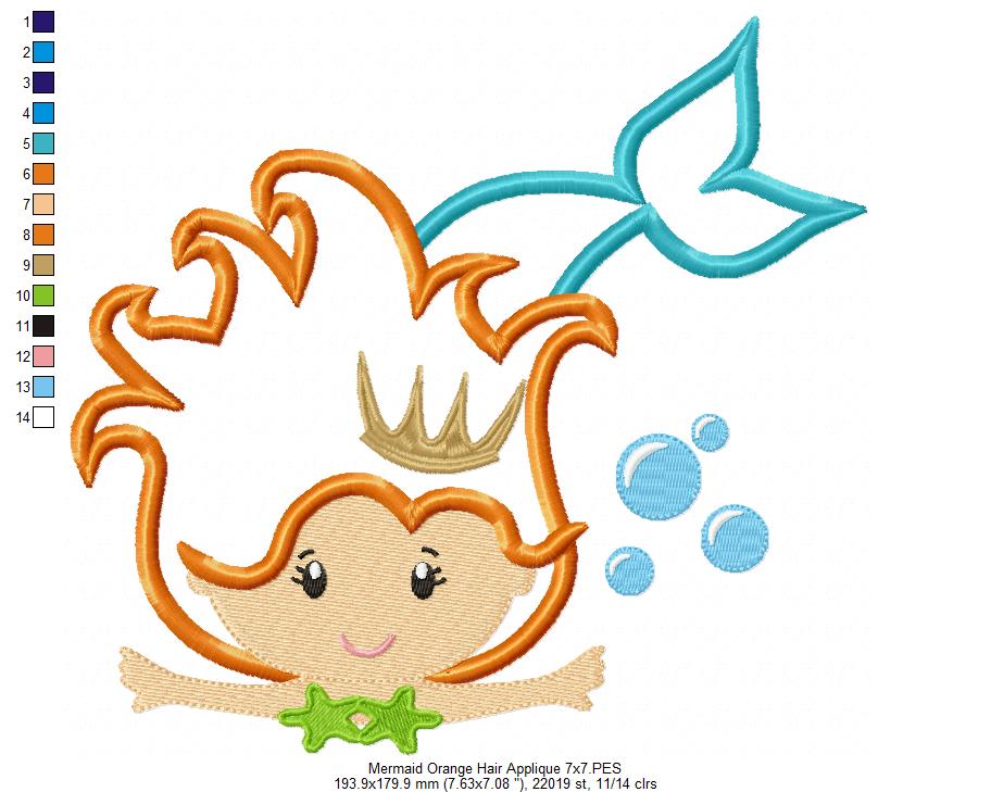 Princess Mermaid Orange Hair - Applique & Fill Stitch - Set of 2 designs