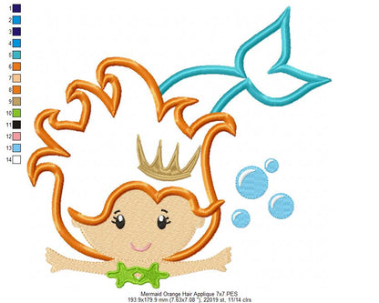 Princess Mermaid Orange Hair - Applique & Fill Stitch - Set of 2 designs