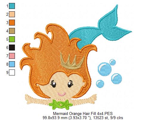 Princess Mermaid Orange Hair - Applique & Fill Stitch - Set of 2 designs