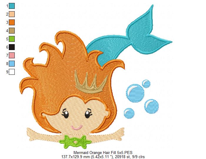 Princess Mermaid Orange Hair - Applique & Fill Stitch - Set of 2 designs