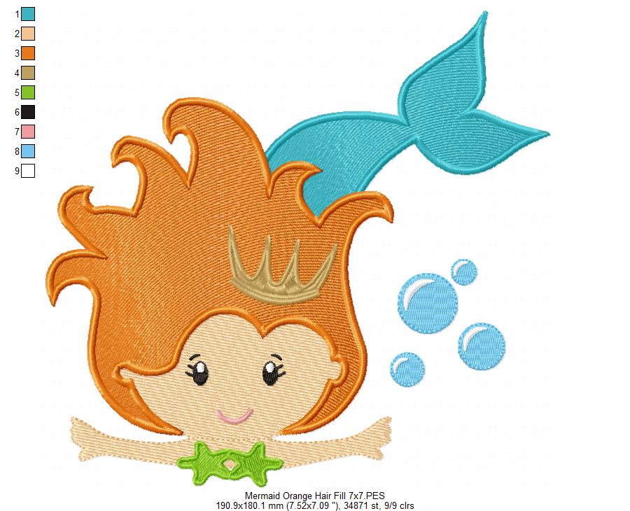 Princess Mermaid Orange Hair - Fill Stitch - Machine Embroidery Design