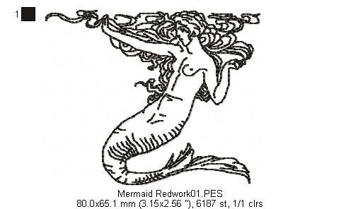 Vintage Mermaid  - Redwork
