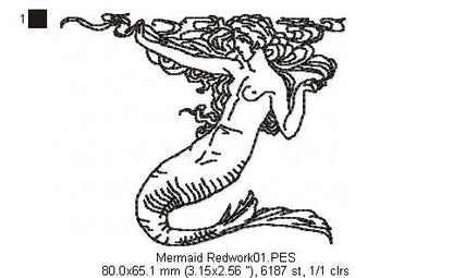 Vintage Mermaid  - Redwork