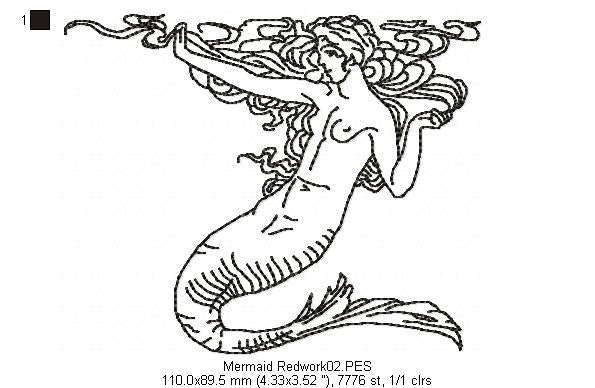 Vintage Mermaid  - Redwork