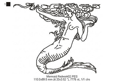 Vintage Mermaid  - Redwork
