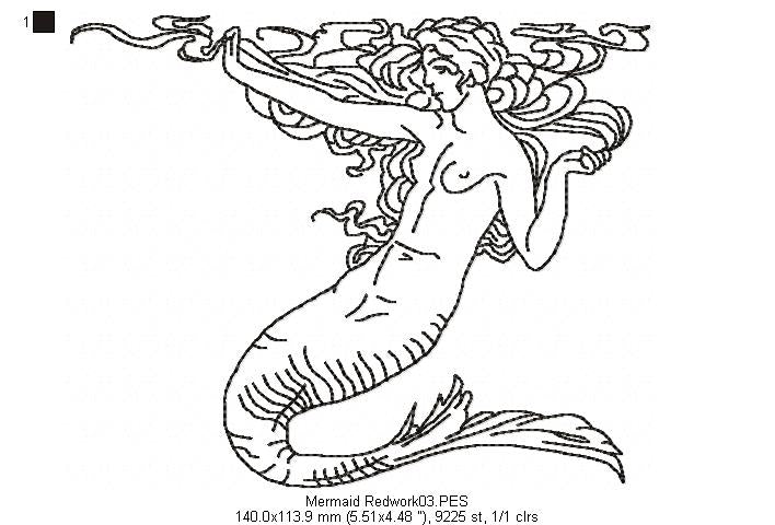 Vintage Mermaid  - Redwork