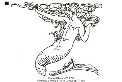 Vintage Mermaid  - Redwork