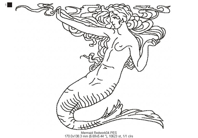 Vintage Mermaid  - Redwork