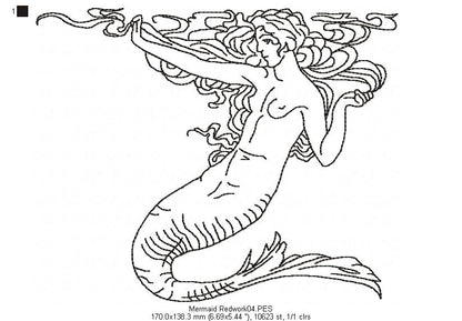 Vintage Mermaid  - Redwork
