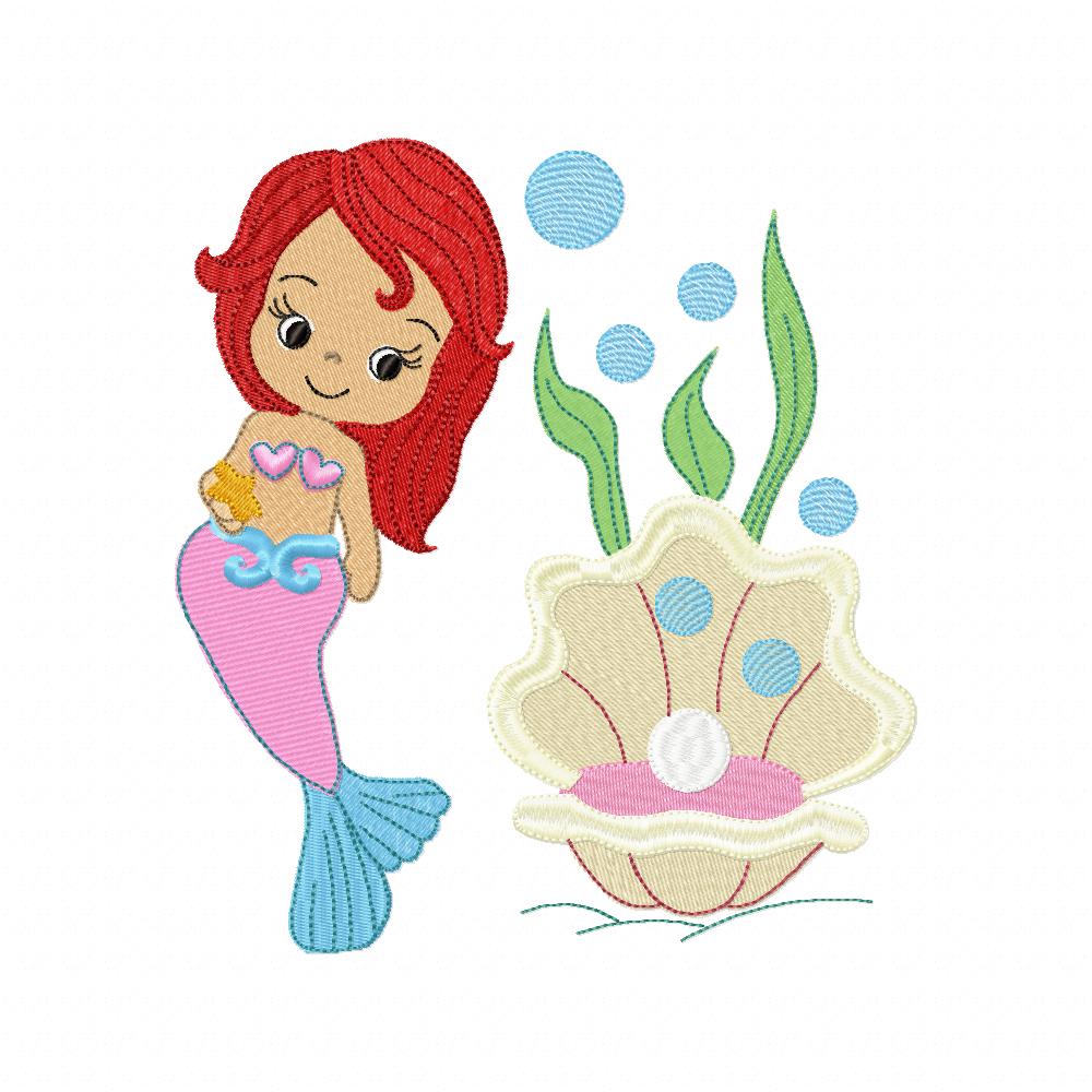 Cute Mermaid, Shell and Pearl - Fill Stitch - Machine Embroidery Design